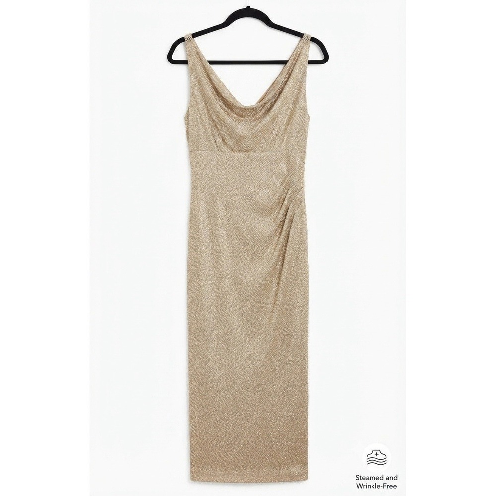 Lauren Ralph Lauren Evening Gold Metallic Rhinestone Cowl Neck Midi Dress Sz 12